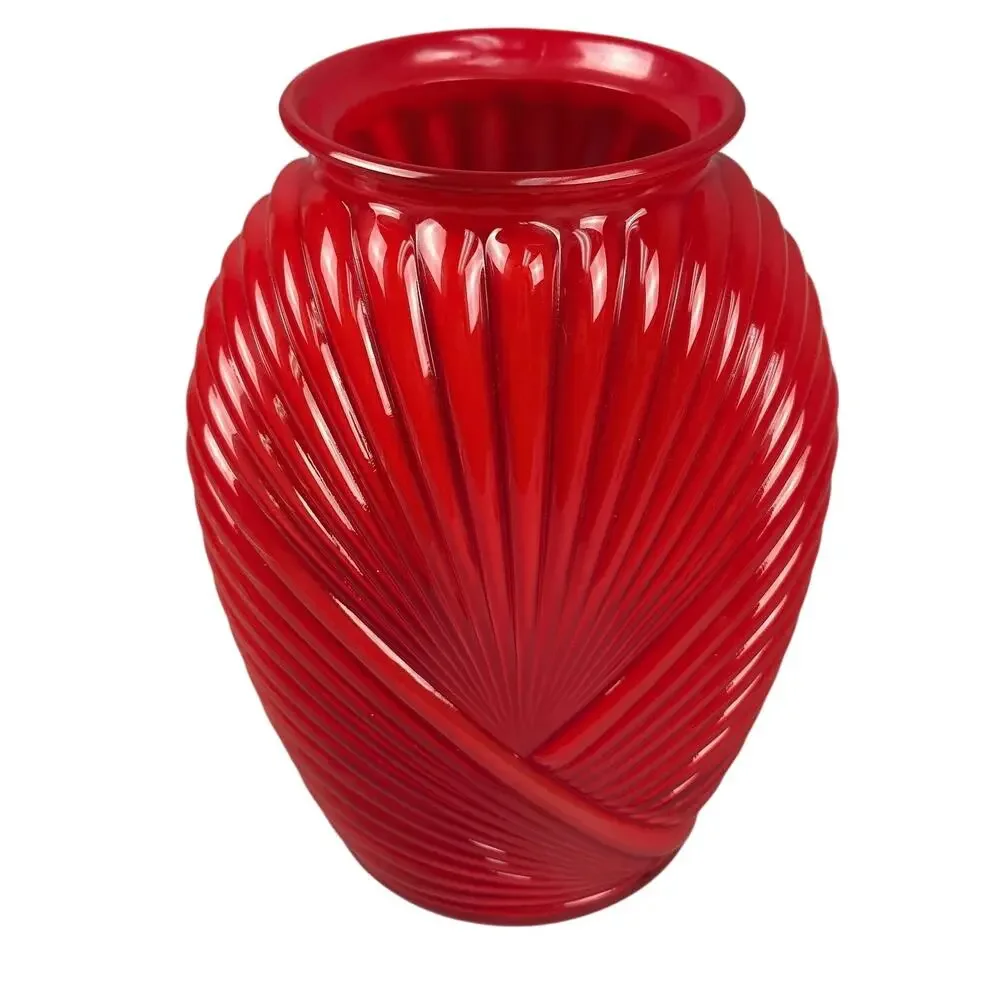 Vintage Anchor Hocking Red Glass Vase Art Deco Pleated Ribbed Design 1980's